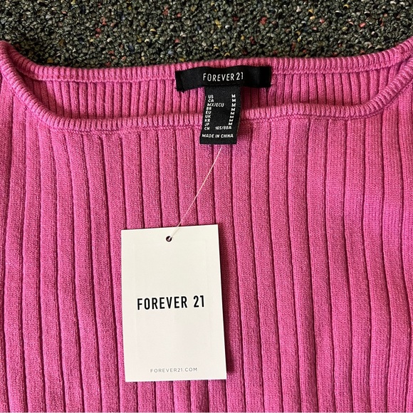 FOREVER21 NWT Bright Pink Square Neck Asymmetrical Ribbed Knit Sweater Shirt M - Picture 11 of 16